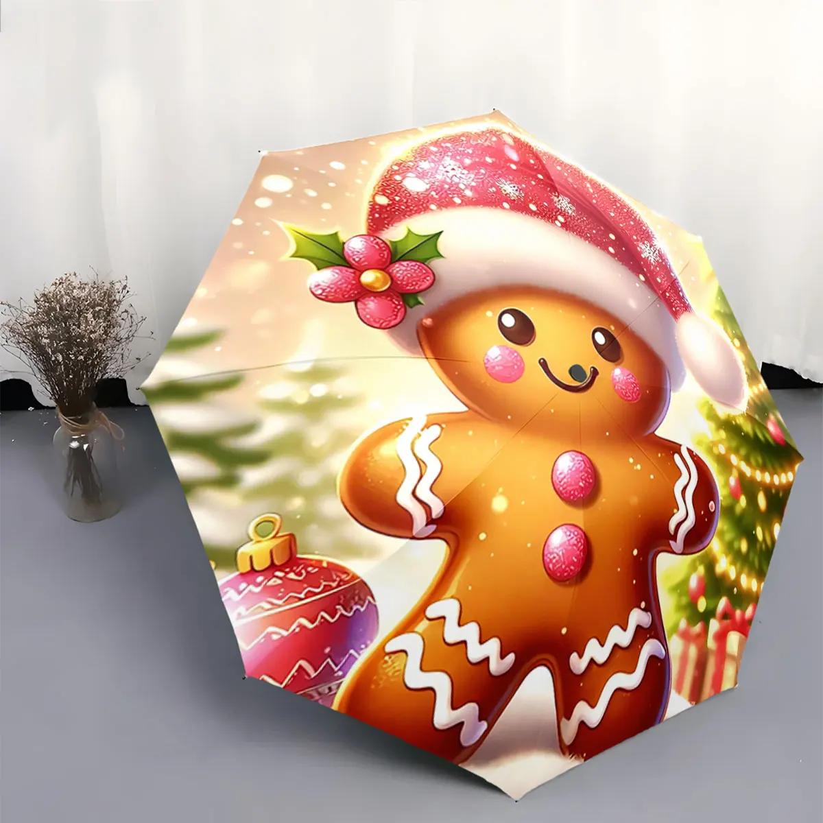 Cute Gingerbread Man Christmas Umbrella with Santa Hat portable waterproof sun rain umbrella for outdoor travel beach