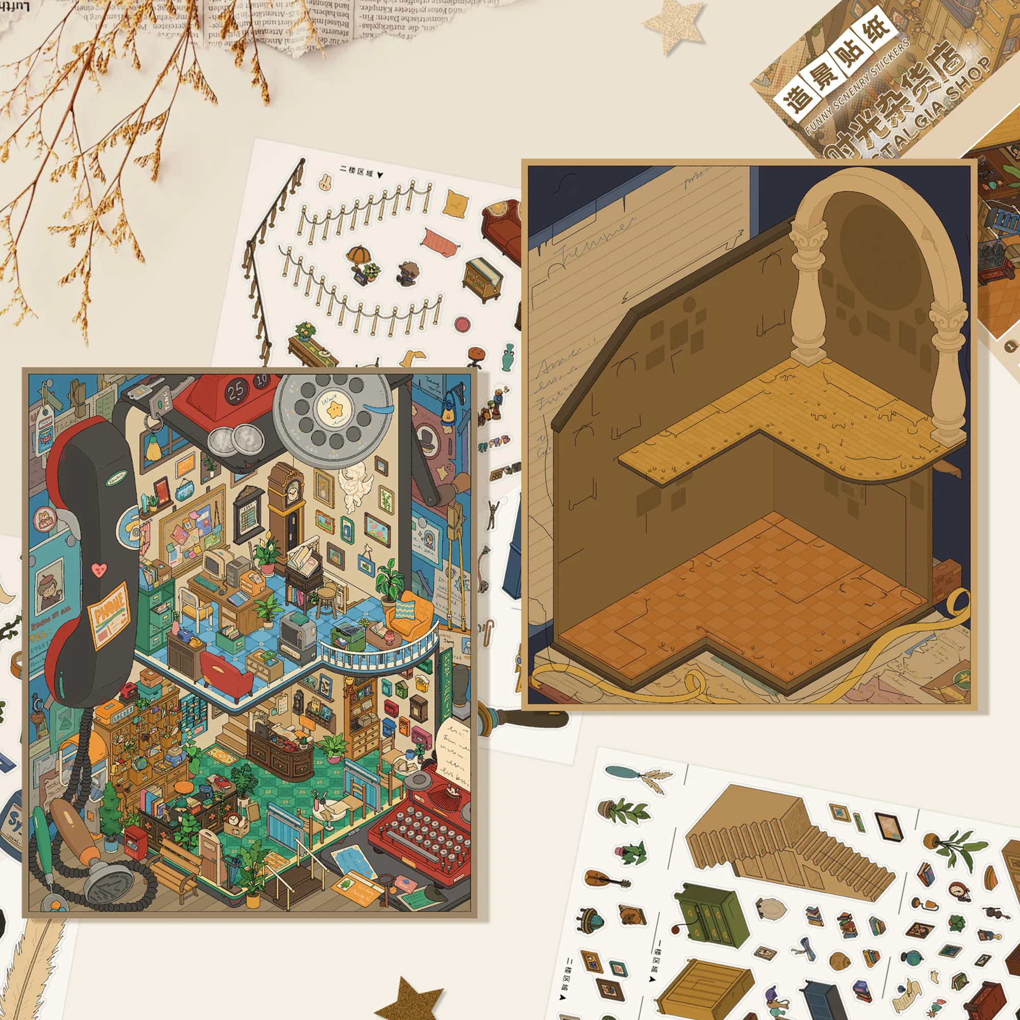 HEYBAO 4 Styles Diorama Scene Building Stickers Set Retro City Landscape DIY Stickers for Journal Scrapbooking Collage Stationer