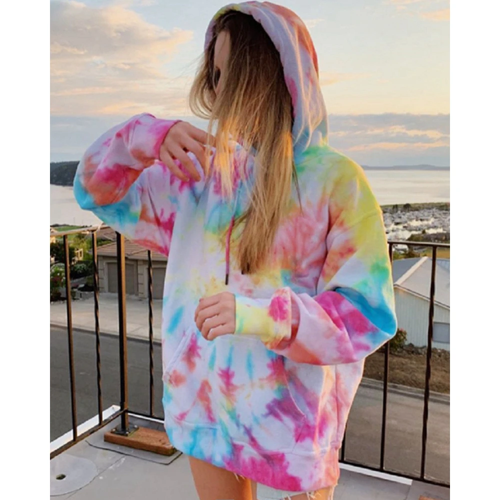 

Autumn Fashion Colorful Tie Dye Long Sleeve Loose Hoodies Pullover Casual Spring y2k Femme Pocket Decro Sporty Top Steetwear