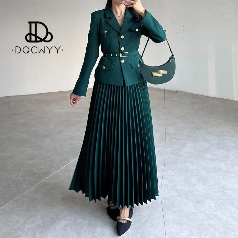 Women's Two Pieces Set Blazer Lady Pleated Long Dress 2025 Spring New in Matching Sets Button Temperament Elegant Women's Sets