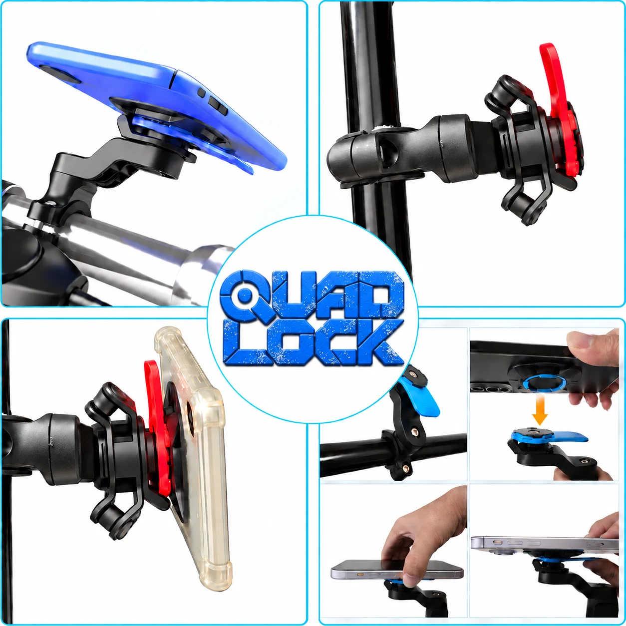 Universal Motorcycle Bicycle Handlebar Smartphone Holder with QUAD LOCK Vibration Shock Absorber for Scooter and Bike Mount