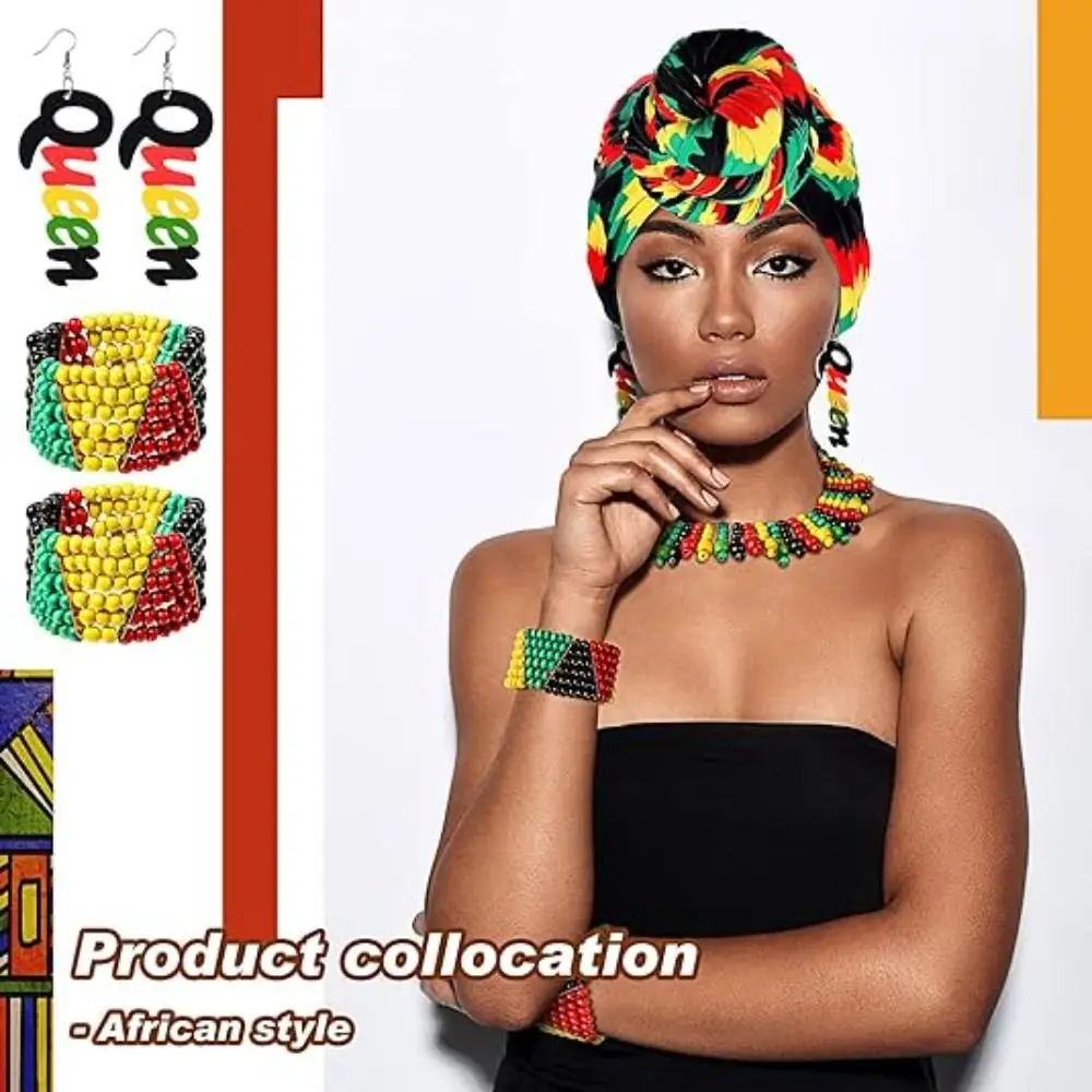Colorful Beads Jamaican Necklace Earrings Set Wooden Beads African Style Bracelet Woven African Women's String Collar Charm