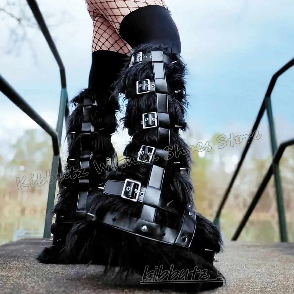 

Пушистые сапоги до колена с заклепками, готический ремень с пряжкой, круглый носок, плоский носок, кожаная однотонная новинка, сексуальная лаконичная модная женская обувь