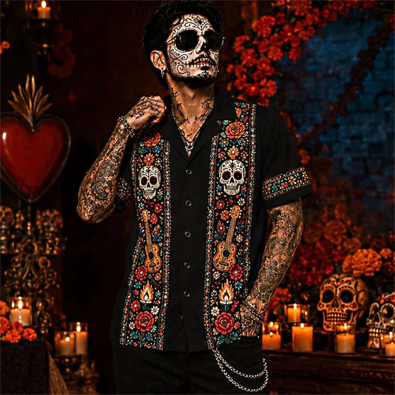 2026 New Style Scary Skeleton Collared Short-Sleeve Shirt Retro Print Halloween Button-Down Short-Sleeve Shirt Holiday Shirt