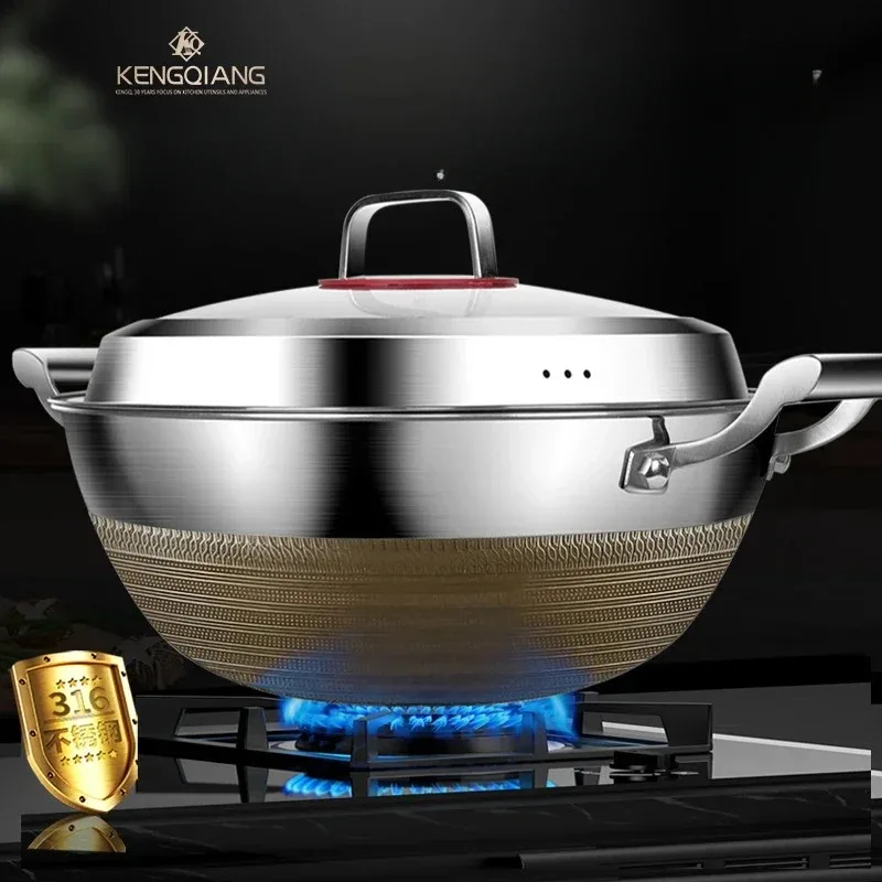 Double Ear 316 Stainless Steel Deep Thick Flat Bottomed Stew Wok Cooking Pot Non Stick Home Frying Pan Cookware