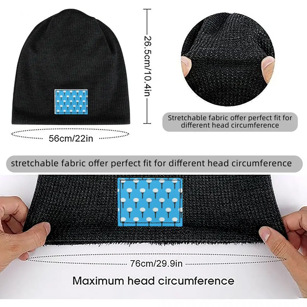 Golf Ball And Tee Pattern (Cyan Blue) Waffle Knit Fleece Lined Beanie with PU Leather Patch Unisex Warm Winter Soft Cap