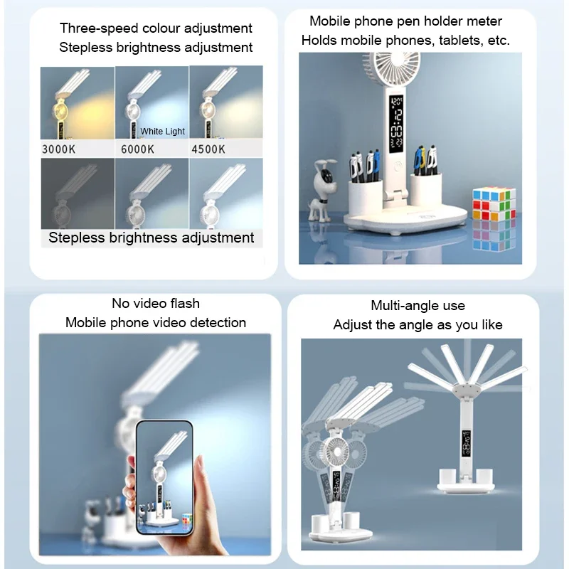 Lampada da tavolo ricaricabile per studio, lampada da tavolo lampada da lettura luce da tavolo a Led con ventola, lampada da lettura a Led con orologio