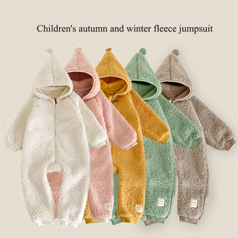 Baby Hooded Jumpsuit for Boys & Girls - One-Piece Zipper Fleece Thicken Solid Romper Comfortable Warm Clothing