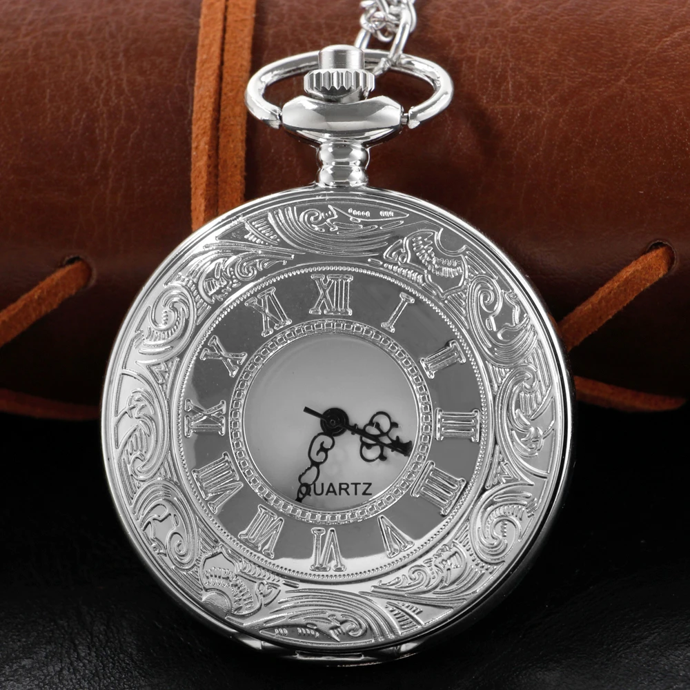 Silver Fashion Pocket Watch Retro Roman Digital Display Quartz Pocket Watch with Chain Men and Women Christmas Birthday Gift