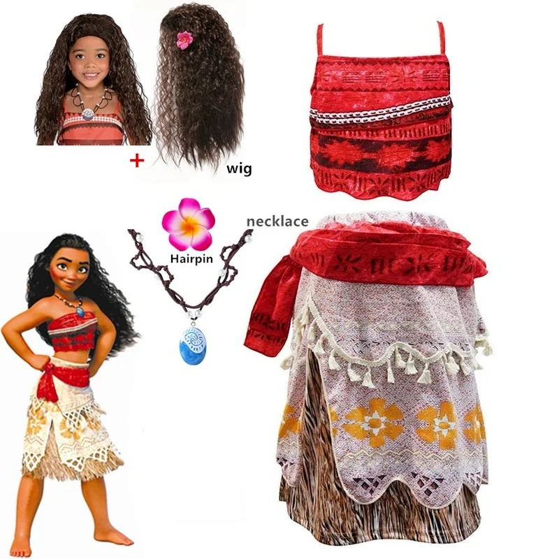 Girls Moana Cosplay Costume for Kids Vaiana Princess Dress + Necklace Halloween Costumes Baby Children Birthday Party Clothes