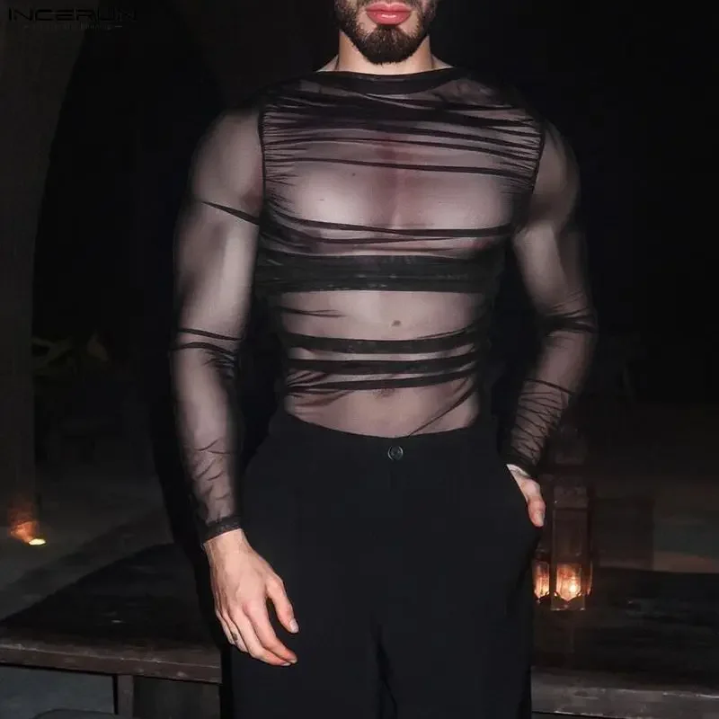 INCERUN Men T Shirt Mesh Transparent Sexy O-neck Long Sleeve Tee Tops Men Streetwear Camisetas Pleated 2026 Party Men Clothing