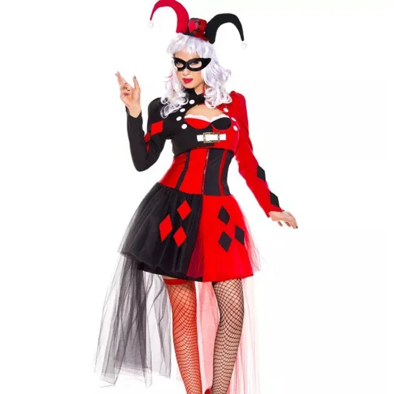 Halloween Role Playing Poker Queen Clown Witch Costume Carnival Party Clown Circus Dress Operated By Women Black and Red Costume