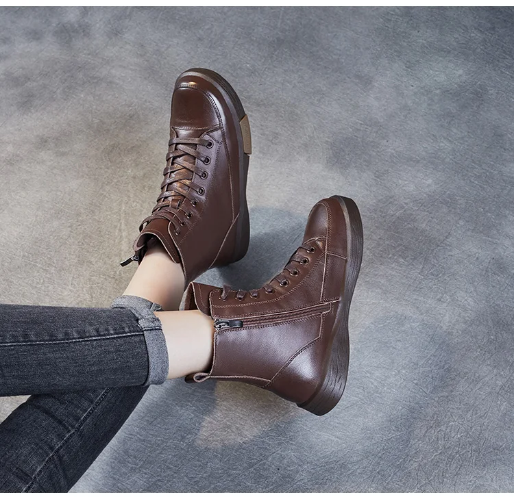 DRKANOL Frauen Echtes Leder Kurze Stiefel Runde Kappe Aus Echtem Leder Handgemachte Retro Street Style Winter Warme Wohnungen Stiefeletten – Detail 10