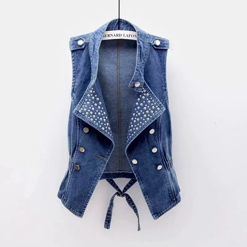 Vintage bleu Rivet col montant femmes Denim gilet mince court Cowboy gilet été coréen sans manches jean veste manteau femme