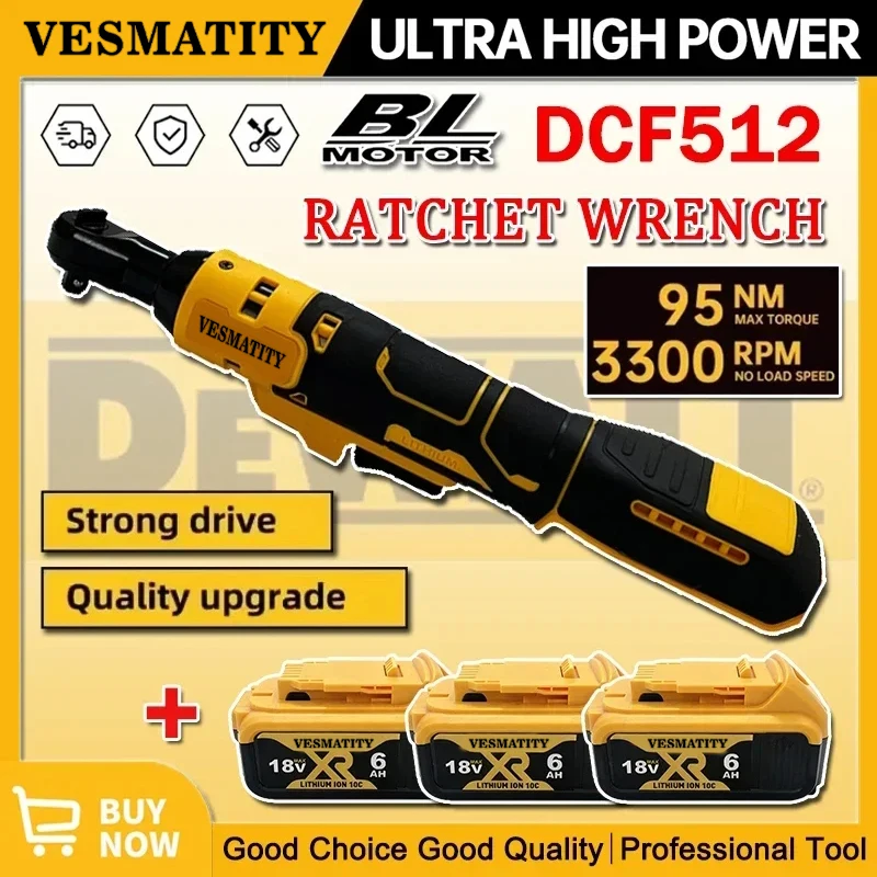 DCF512 Vesmatity Brushless Ratchet Wrench 95N.m – Ultra High Power 3300RPM Cordless Tool for DeWALT 18V/20V Battery