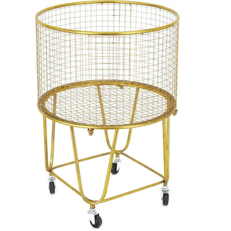 

79 Metal Storage Cart Deep Set Metal Mesh Laundry Basket with Wheels, 16L x 16W x 24.95H, Gold