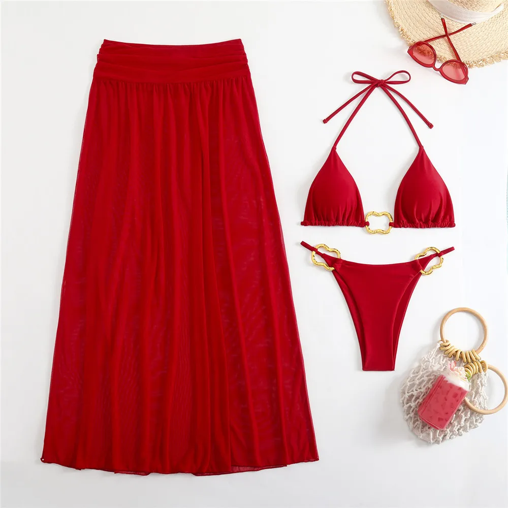 Metal Ring Black Halter Triangle Bikinis Sets 3 Pieces Mesh Skirts Cover Up 2025 Holiday Swimwear Sexy Swimsuit Women Beach Wear