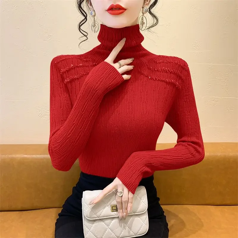 Fashionable and Fashionable Nail Drill Slim Sweater Base Shirt for Women in Autumn and Winter Pile Collars and Knit Tops