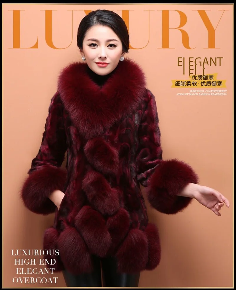 Inverno 2025 casaco de vison para mulher médio a longo com gola de pele de raposa e casaco de pele de vison engrossado para o inverno