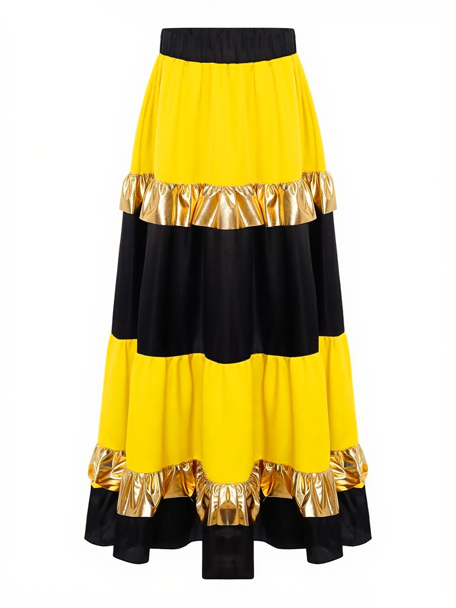 Kids Girls Tiered Ruffled Satiny Waltz Flamenco Spanish Big Swing Maxi Skirts Metallic Shiny Ballroom Dance Performance Costume