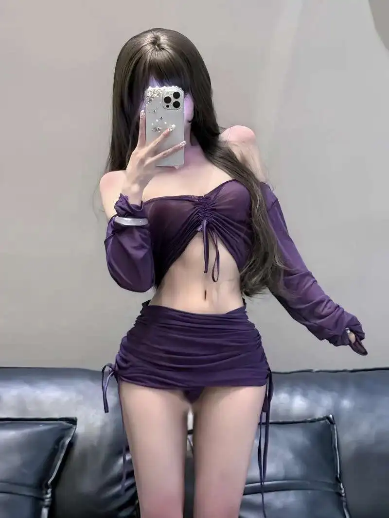 섹시한 유혹 에로틱 한 유니폼 열정적 인 가랑이 오프닝 쉬어 스위트 메쉬 레이스 드레스 우아한 2025 새로운 Drawstring 드레스 42V2