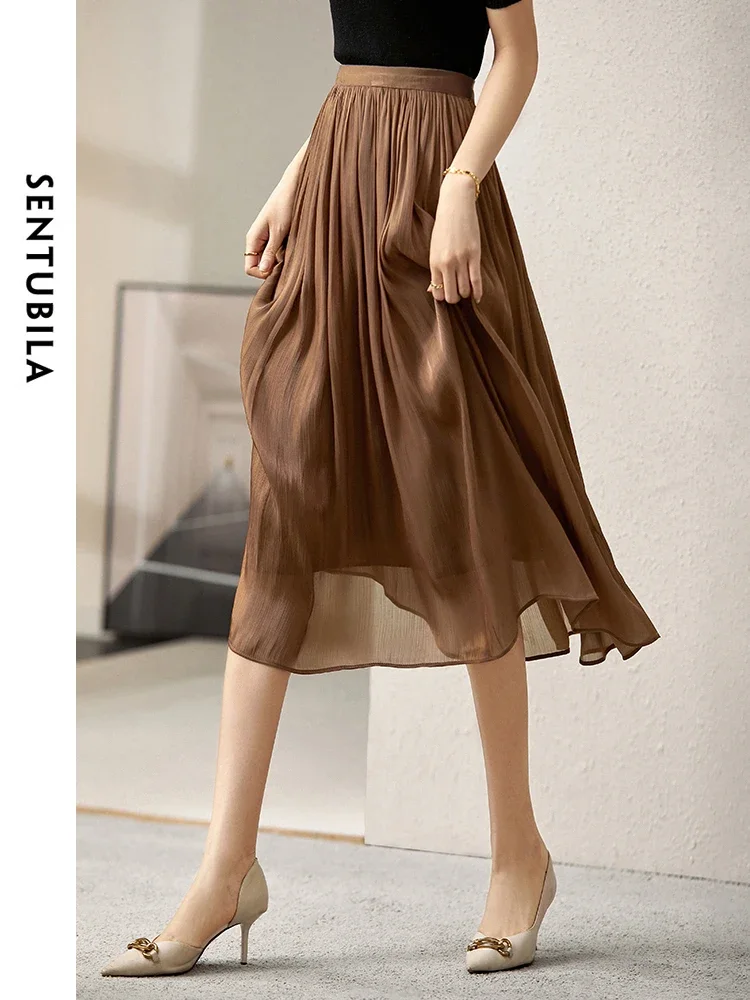 SENTUBILA Pleated-detail Skirt for Women 2024 Autumn Elastic Waist A Line Solid Simple Comfot Women Long Skirt 141Q55698X