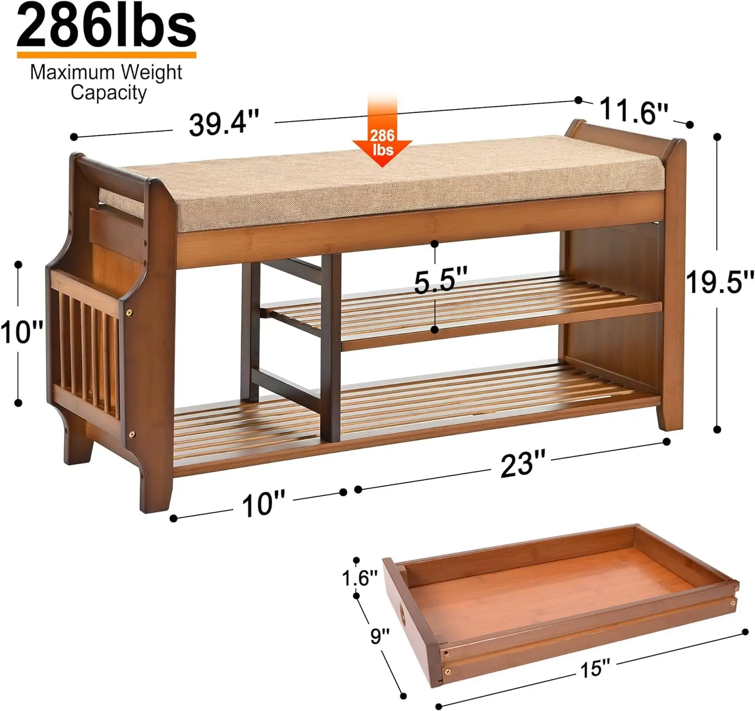 2 Tier Shoe Bench, Shoe Rack with Hidden Drawer and Side Holder, Shoe Storage Bench Organizer for Entryway Hallway Living Room