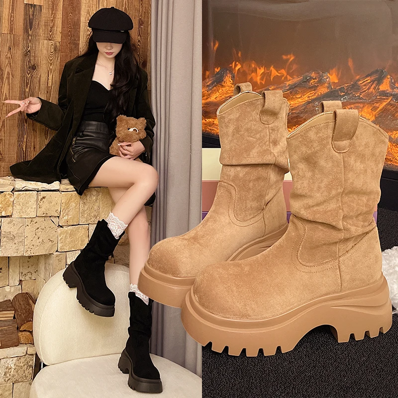 

2025 Новые ботильоны для женщин на плоской подошве, замшевые модные туфли на платформе, модельные новые повседневные женские ботинки, ботинки челси Женские Сапоги