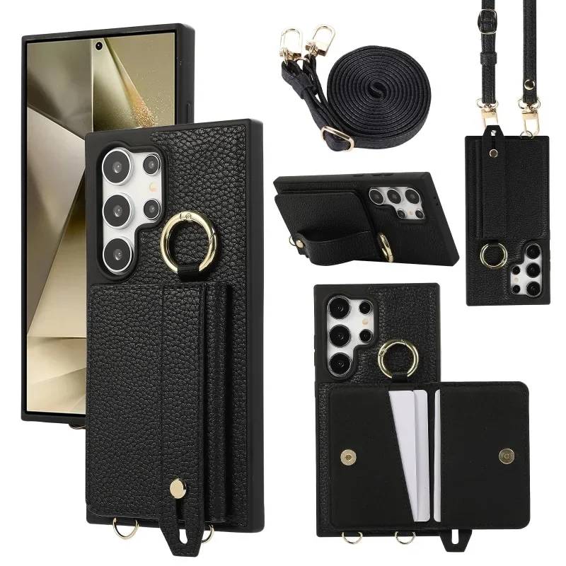 

Crossbody Wrist Strap Ring Phone Case for Samsung Galaxy S26 S25 S24 23 22 Ultra Plus FE Edge Wallet with Card Holder Protective