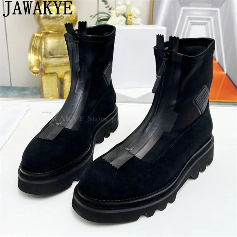 Front Zipper Design Round Toe Thick Bottom Punk Boots Women Real Leather Platform Ankle Boots Winter Fashion Motorcycle Boots