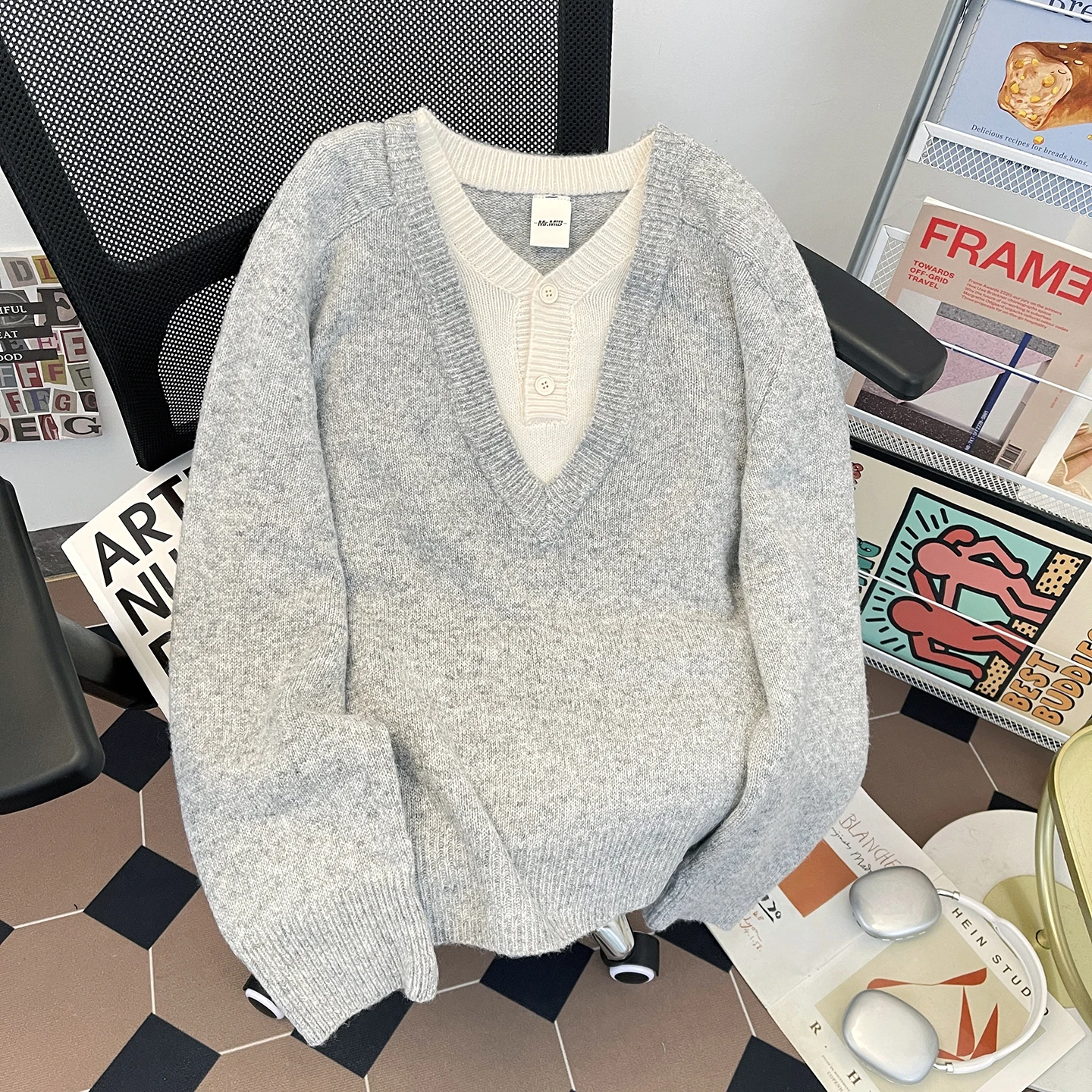 

Loose Fit V-Ne Knitwear Long Sve Overhead Men's Faion Retro Sle Color Blo Casual Wear Warm Color Sweater