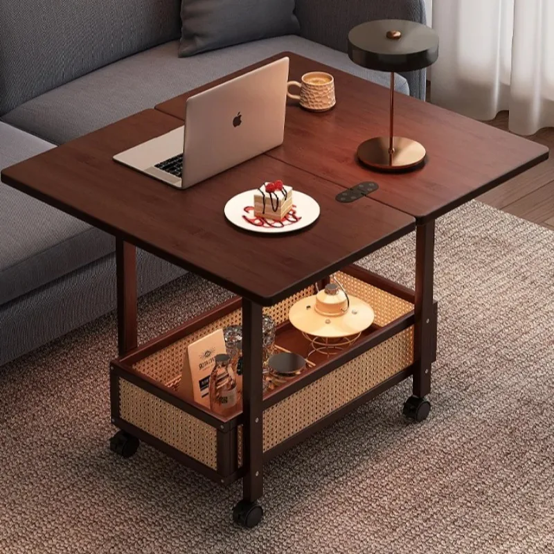 عربة طاولة جانبية قابلة للطي من الخشب الصلب مع عجلات، عربة شاي قهوة عتيقة موفرة للمساحة للشرفة الصغيرة وغرفة المعيشة #4