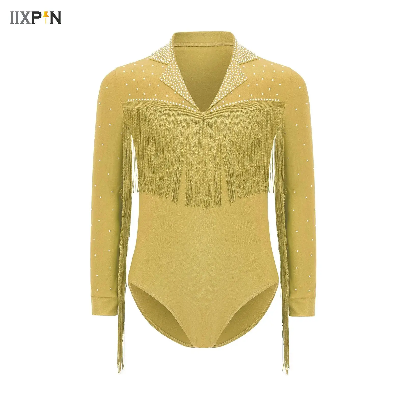 

Kids Boys Latin Dance Costume Long Sleeve Shirts Fashion One-Piece Rhinestones Tassel Leotard Bodysuit Ballroom Dancing Clothes