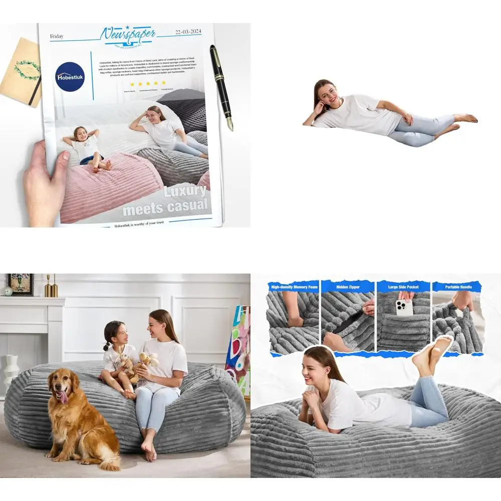 

Большое кресло-мешок для взрослых в полосатом сером цвете с портативной ручкой и съемным чехлом для гостиной или спальни