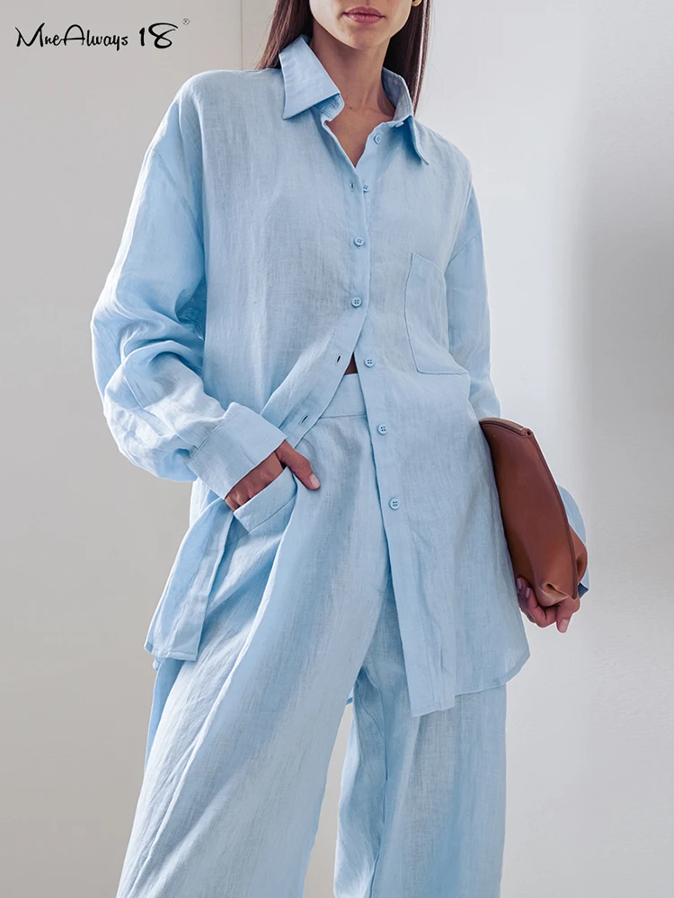 Mnealways18-Ensemble deux pièces décontracté en coton et lin pour femme, tenue de bureau plissée, surdimensionnée, bleu, été, automne, 2024