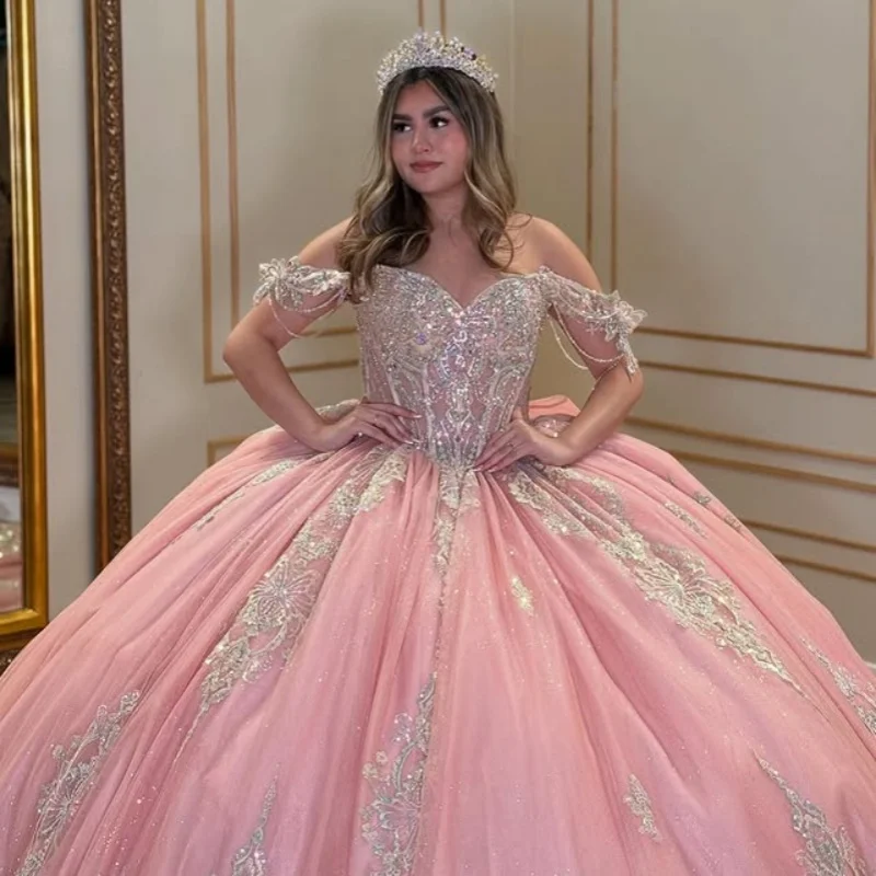 

Customized Shiny Pink Quinceanera Dresses Off the Shoulder sequin crystal applique Long tail Big Bow Vestido 15 Quinceanera