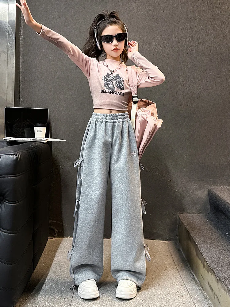 Spring Child Cotton Sports Pants with Side Bows For Girls Grey Color Casual Trousers Teenage Kids High Street Sporty Sweatpants