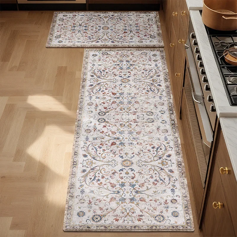 European Retro Kitchen Rug & Hallway Floor Mat, Non-Slip Absorbent Fine Staple Cotton Carpet, Anti-Dirt Entrance Doormat