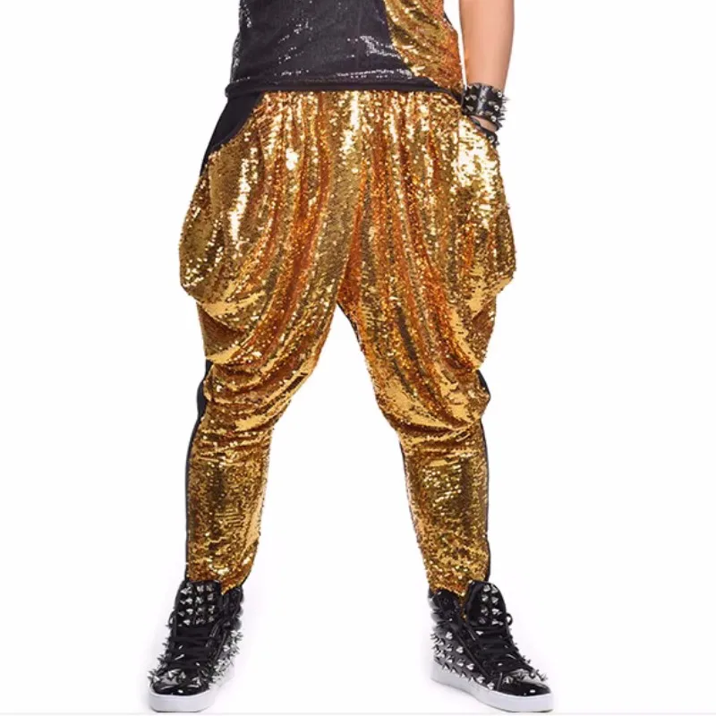 

Мужские серебристо-черные брюки-шаровары с блестками, барная певица, сценическая одежда, хип-хоп, джаз, танцы, повседневные свободные брюки, костюм барабанщика для выступлений