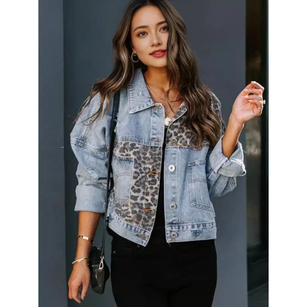 Autumn Winter Women's Long Sleeve Denim Jacket Leopard Print Patchwork Top Independent Station European And American Style