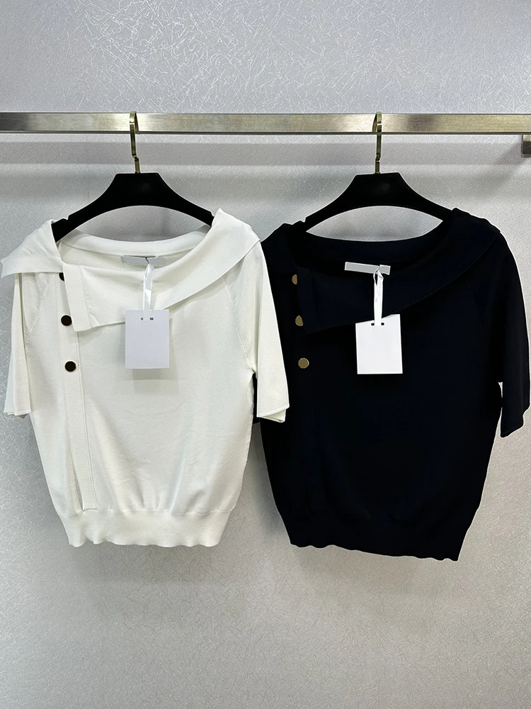 Fashion Runway Summer White Color Casual Pullovers Women's Turn-down Collar Looose Chic Single Breasted Sweaters