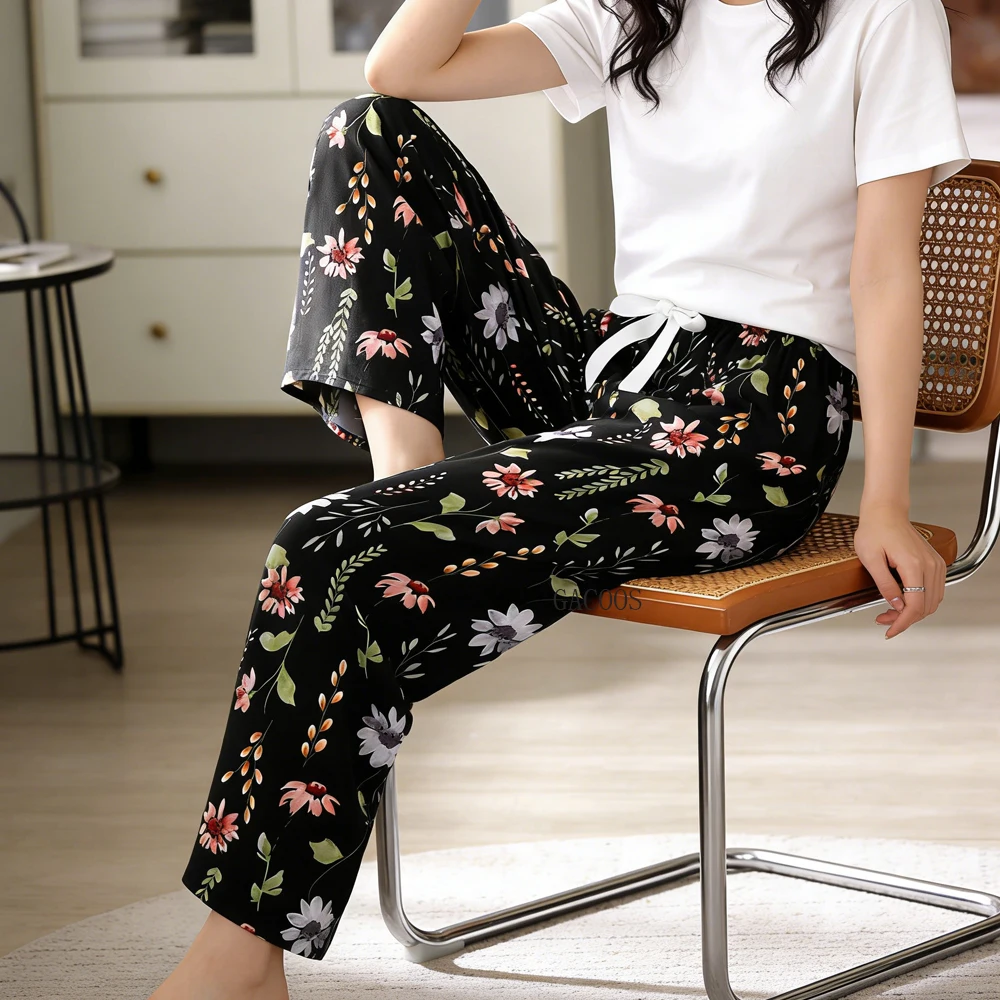 Women Cotton Casual Trousers Summer Loose Pajamas Home Pants Thin Wide Leg Pants Fashion Oversized Sleep Bottoms Korean Pants