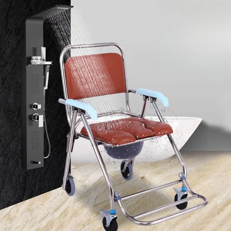 Transport Chair with Brakes,Commode Chairs with Four Wheels Load Capacity 330lbs Rolling Commode & Shower Wheelchair for Elderly