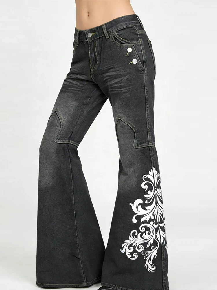 

Новые потертые джинсы с принтом в стиле ретро, широкие брюки в стиле панк, расклешенные джинсовые брюки в стиле рок, уличная одежда Y2K, высококачественные женские брюки