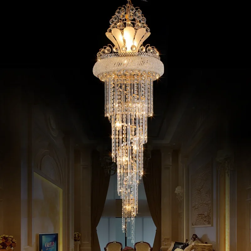 Staircase long chandelier villa rotating high duplex floor living room chandelier modern simple light luxury crystal lamps