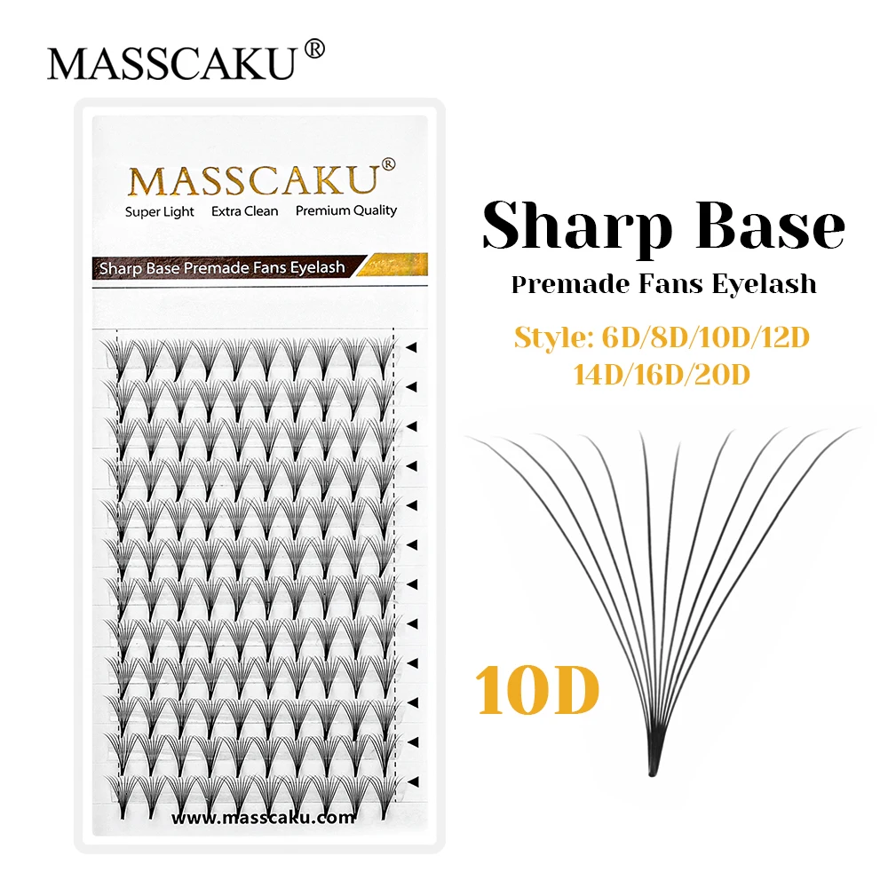 12 Lines MASSCAKU 0.07mm Thickness Multi-texture 6D/8D/10D Narrow Root Thin Stem Lashes 3D Effect Wispy Premade Fans Lash Trays