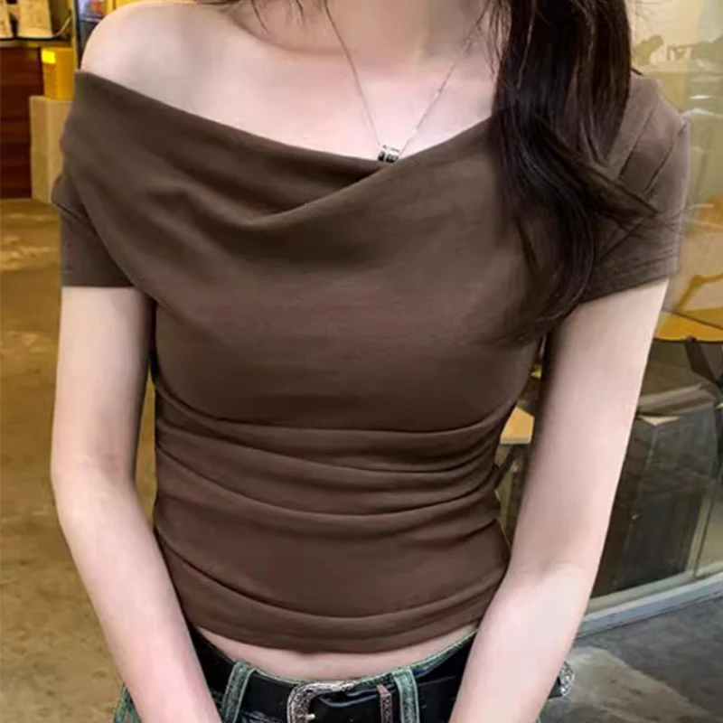 1pcs Girls Off-Shoulder T-shirt Women's Basic Fashion Tee Solid Ladys Short Sleeve Slim Tops Females Sexy Slanted Collar Tshirts