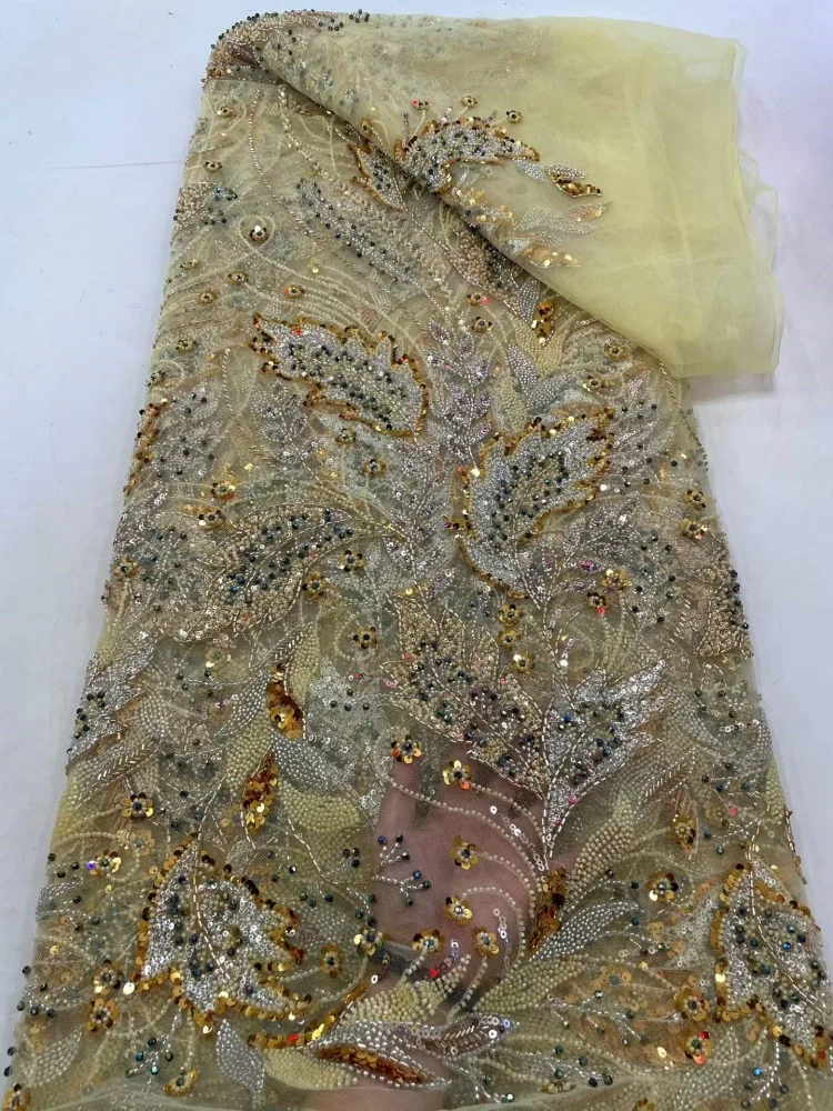 African Beaded Lace Fabric  High-Quality Nigerian Tulle Mesh Sequined Lace Fabric Suitable for Sewing Women's Garments