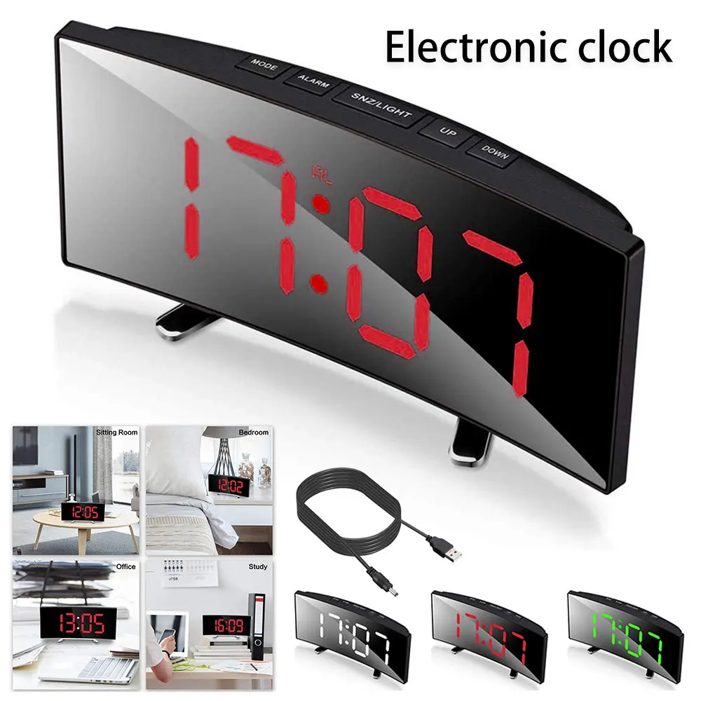 Digital Alarm Clock Curved LED Electronic Digital Desktop Clock Bedroom Decor Table Clock Bedside Alarm Clock