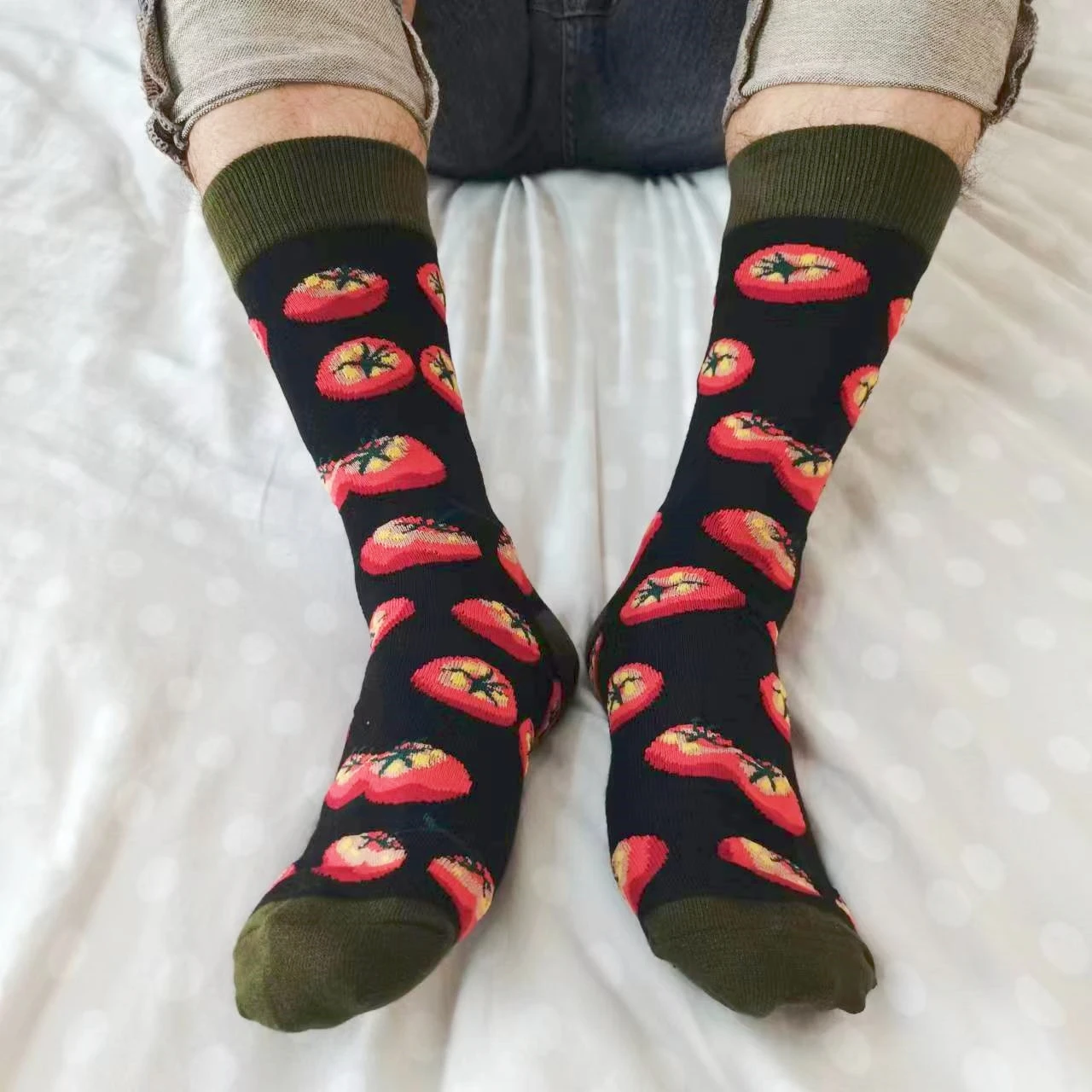 Funny Food Pattern Ice cream Hot Dog Qiwi Tomato Men Crew Sock Gift Men Boyfriend Husband Cute Street Novelty Funky Black Green